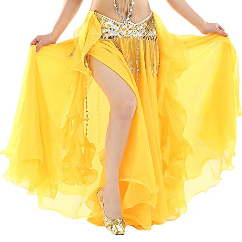 Vobony Bauchtanz Rock Damen Bauchtanz Kostüm Chiffon Rock Tüllrock Indischer Tanzsatz Rock Maxirock für Cocktail Hochzeit Festlich Karneval (Gelb) von Vobozeany