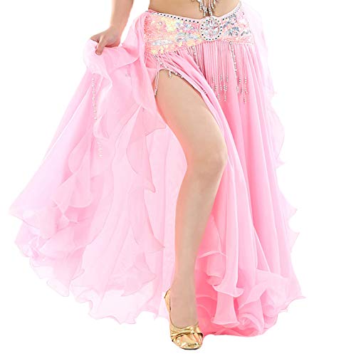 Vobony Bauchtanz Rock Damen Bauchtanz Kostüm Chiffon Rock Tüllrock Indischer Tanzsatz Rock Maxirock für Cocktail Hochzeit Festlich Karneval (Pink) von Vobozeany