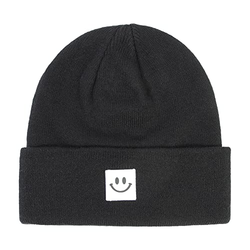 Vobozeany Damen Beanie Mütze Herren Strickmütze Wintermütze Winter Warme Mütze mit Smiley-Etikett Lässig Draußen Wollmütze von Vobozeany