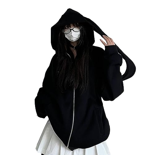 Damen Y2k Clothes Zip up Hoodie - Kawaii Rabbit Ears Cute E-Girl Crop Tops (Black-Long,S,S) von Vocha