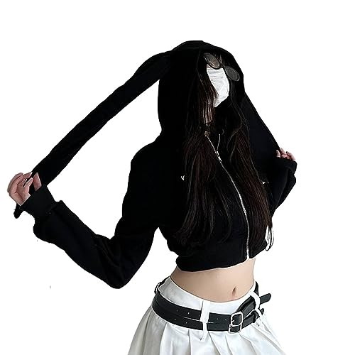 Damen Y2k Clothes Zip up Hoodie - Kawaii Rabbit Ears Cute E-Girl Crop Tops (Black-Short,L,L) von Vocha