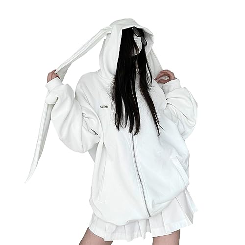 Damen Y2k Clothes Zip up Hoodie - Kawaii Rabbit Ears Cute E-Girl Crop Tops (White-Long,S,S) von Vocha