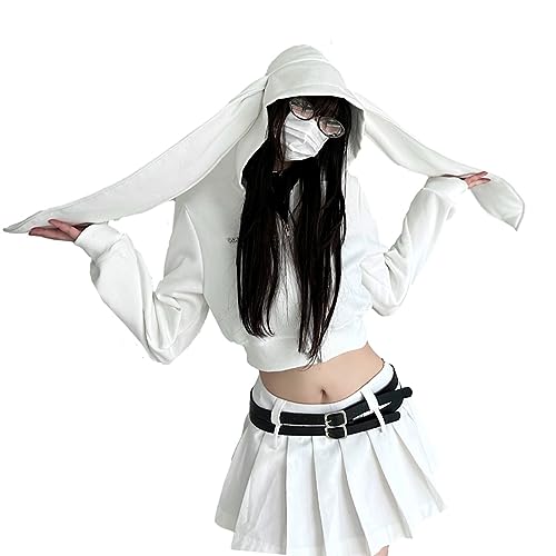 Damen Y2k Clothes Zip up Hoodie - Kawaii Rabbit Ears Cute E-Girl Crop Tops (White-Short,L,L) von Vocha