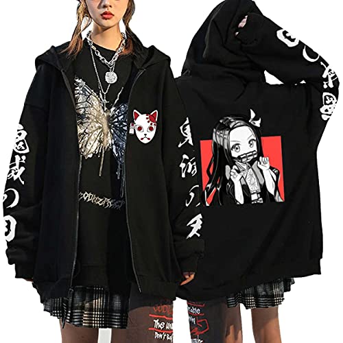 Anime Kleidung Jacke - Y2K Zip Up Hoodie Vintage Gothic Harajuku Kapuzenjacke (Black2,L,L) von Vocha