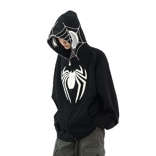 Y2K Zip Up Hoodie Spider Stickerei Vintage Kapuzenjacke - Der Augenbereich ermöglicht den Blick nach draußen. (Black,XL) von Vocha