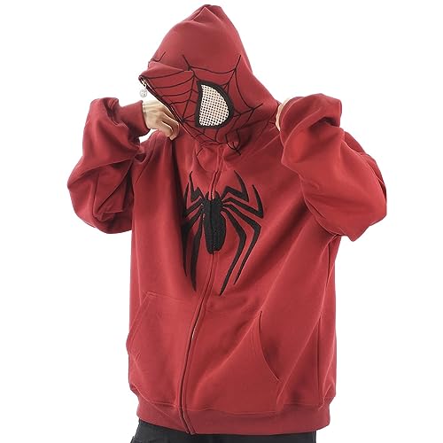 Y2K Zip Up Hoodie Spider Stickerei Vintage Kapuzenjacke - Der Augenbereich ermöglicht den Blick nach draußen. (Red,L) von Vocha