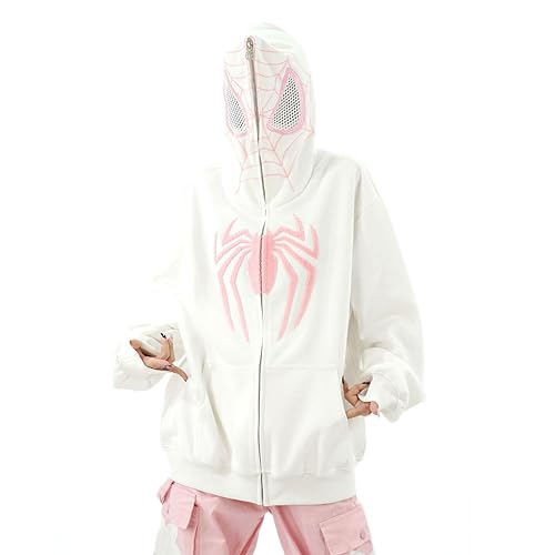 Y2K Zip Up Hoodie Spider Stickerei Vintage Kapuzenjacke - Der Augenbereich ermöglicht den Blick nach draußen. (White,L) von Vocha