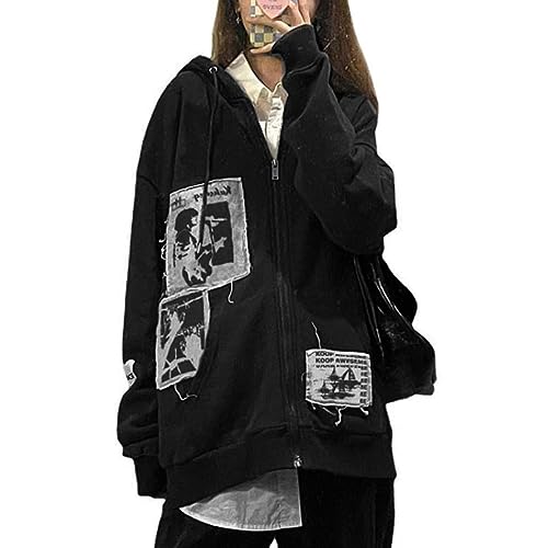 Y2k Zip up Hoodie Kapuzenjacke Vintage Clothes Tops (Black,L,L) von Vocha