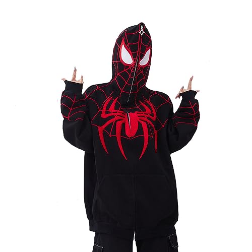 Y2k Zip Up Hoodie Spider Stickerei - Vintage Grunge Sweatjacke Halloween Hunny (Black,L,L) von Vocha