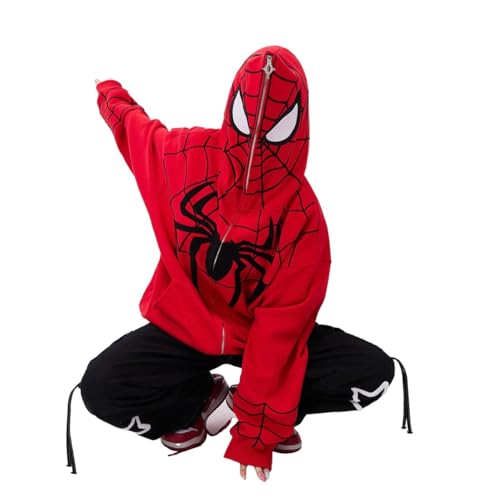 Y2k Zip Up Hoodie Spider Stickerei - Vintage Grunge Sweatjacke Halloween Hunny (Red,M,M) von Vocha