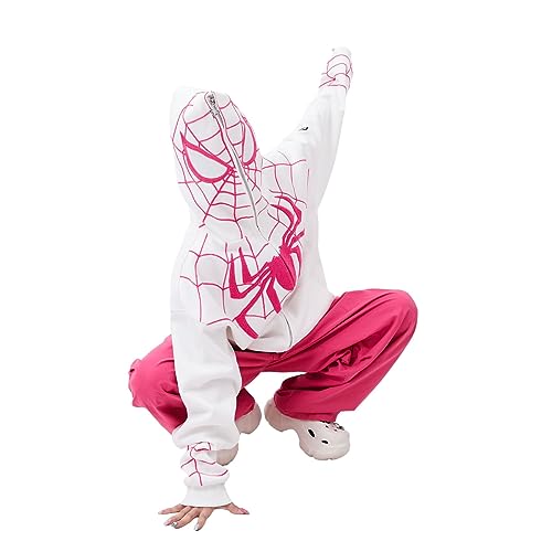 Y2k Zip Up Hoodie Spider Stickerei - Vintage Grunge Sweatjacke Halloween Hunny (White,M,M) von Vocha