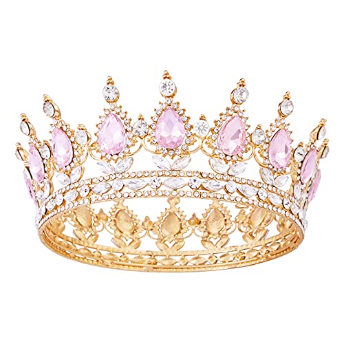 Kronen für Frauen, Vofler Queen Tiara Barock Vintage Gold Rosa Kristall Strass Edelstein Haarschmuck für Damen Mädchen Braut Prinzessin Prom Geburtstag Hochzeit Festzug Halloween Kostüm Party von Vofler