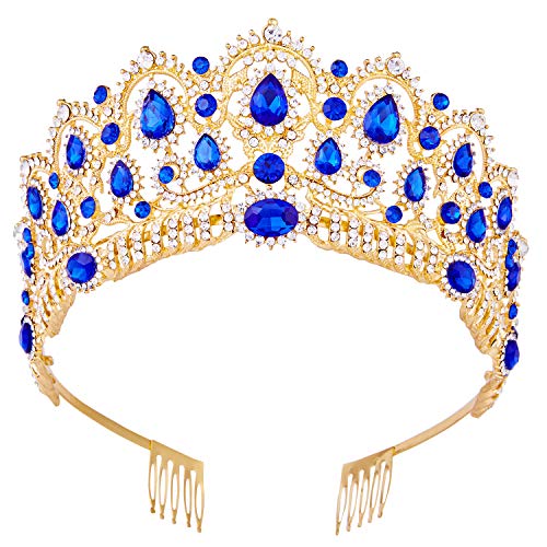 Vofler Tiara, goldene Krone Barock Vintage Stirnband Kristall Blau Strass Saphir Haarschmuck für Frauen Königin Damen Mädchen Braut Prinzessin Geburtstag Hochzeit Festzug Halloween Kostüm Party Kämmen von Vofler