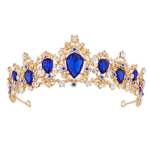 Vofler Crowns for Women, Gold Tiara w/Sapphire - Baroque Blue Crystal Rhinestone Head Piece Accessories for Princess Girls Queen Bridal Bride Birthday Wedding Prom Quinceanera Halloween Costume Party von Vofler