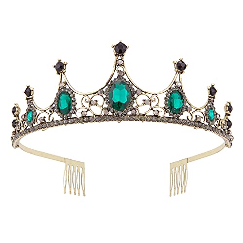 Vofler Gold Schwarz Tiara Krone mit Smaragd - Barock Vintage Kristall Grün Strass Stirnband für Frauen Königin Dame Mädchen Braut Prinzessin Geburtstag Hochzeit Festzug Halloween Kostüm Party mit Kamm von Vofler