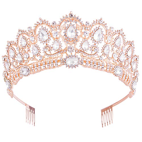 Vofler Kronen für Damen, Roségold, Barock, Vintage-Stil, Haarschmuck, Kristall-Strass, Haarschmuck für Frauen, Königin, Mädchen, Braut, Prinzessin, Geburtstag, Hochzeit, Kostüm, Party mit Kämmen von Vofler