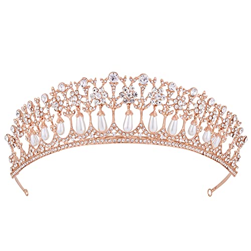 Wedding Tiara, Vofler Bride Pearl Crown - Rose Gold Crystal Rhinestone Headband for Women Queen Ladies Flower Girls Bridal Birthday Pageant Prom Homecoming Halloween Princess Diana Costume Party von Vofler