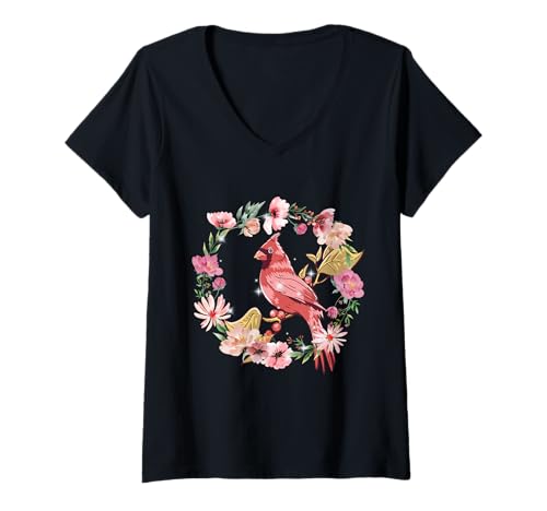 Damen Natur Blume Kind Vogel Blumen Vögel T-Shirt mit V-Ausschnitt von Vogel Natur Blumen Frühling Kind