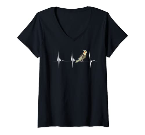 Damen Nymphensittich Herzschlag EKG Pulslinie Wellensittich T-Shirt mit V-Ausschnitt von Vogel Nymphensittich Haustier