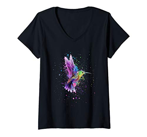 Damen Kolibri-Aquarell-Kunstdesign T-Shirt mit V-Ausschnitt von Vogelgeschenke & Bekleidung