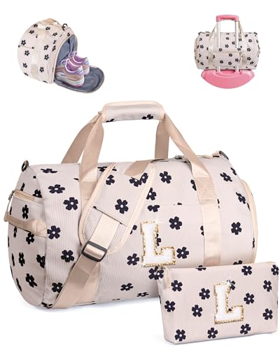 Vogewood Geschenk für Kinder im Alter von 3 4 5 6 7 8 9 10 11 12 Jahren Mädchen Turnbeutel mit Make-up-Tasche, Blumen-Beige, Größe L: von Vogewood