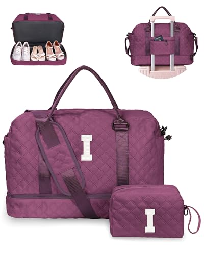 Vogewood Initial Seesack mit Schuhfach, personalisierte Wochenendtasche mit Schultergurt, Monogramm-Übernachtungstasche für Damen, mit Trolleyhülle und Nasstasche, Brief-Reisetasche mit von Vogewood