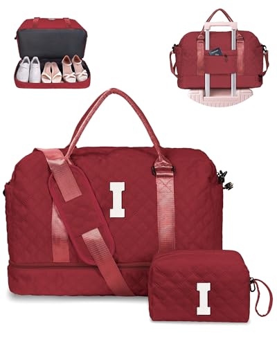 Vogewood Initial Seesack mit Schuhfach, personalisierte Wochenendtasche mit Schultergurt, Monogramm-Übernachtungstasche für Damen, mit Trolleyhülle und Nasstasche, Brief-Reisetasche mit Make-up-Tasche von Vogewood