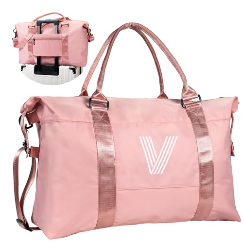 Vogewood Initial Reisetasche, rosa, Sporttasche, personalisierbar, wasserdicht, Wochenendtasche mit Schultergurt, Monogramm-Buchstabe, Übernachtungstasche für Damen, mit Trolleyhülle und Nassfach, von Vogewood