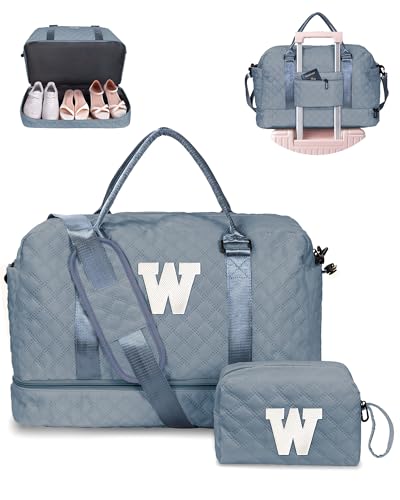 Vogewood Initial Seesack mit Schuhfach, personalisierte Wochenendtasche mit Schultergurt, Monogramm-Übernachtungstasche für Damen, mit Trolleyhülle und Nasstasche, Brief-Reisetasche mit Make-up-Tasche von Vogewood