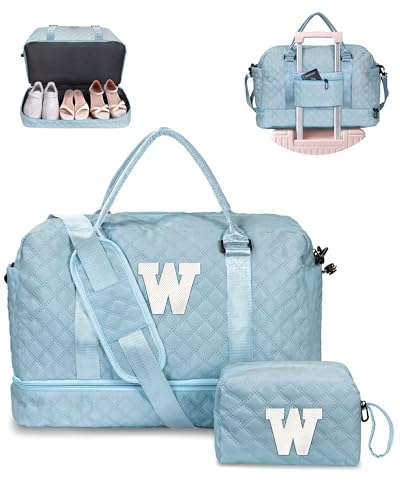 Vogewood Initial Seesack mit Schuhfach, personalisierte Wochenendtasche mit Schultergurt, Monogramm-Übernachtungstasche für Damen, mit Trolleyhülle und Nasstasche, Brief-Reisetasche mit Make-up-Tasche von Vogewood