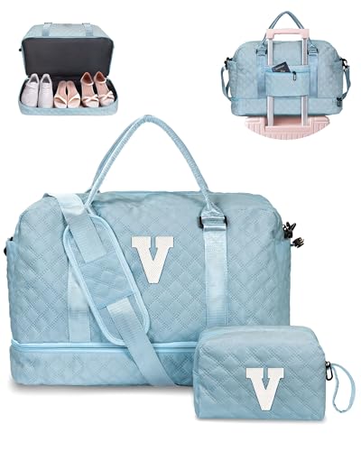 Vogewood Initial Seesack mit Schuhfach, personalisierte Wochenendtasche mit Schultergurt, Monogramm-Übernachtungstasche für Damen, mit Trolleyhülle und Nasstasche, Brief-Reisetasche mit von Vogewood