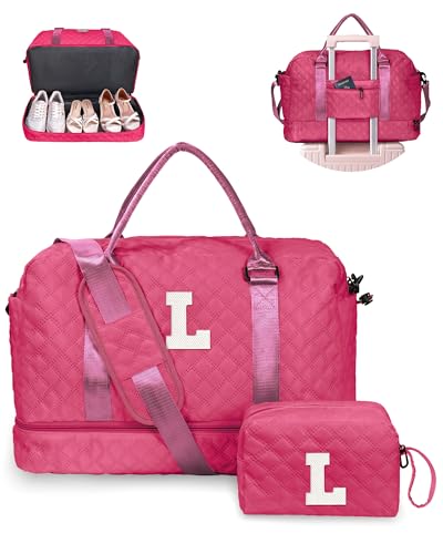 Vogewood Initial Seesack mit Schuhfach, personalisierte Wochenendtasche mit Schultergurt, Monogramm-Übernachtungstasche für Damen, mit Trolleyhülle und Nasstasche, Brief-Reisetasche mit von Vogewood