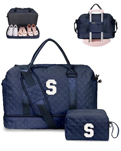 Vogewood Initial Seesack mit Schuhfach, personalisierte Wochenendtasche mit Schultergurt, Monogramm-Übernachtungstasche für Damen, mit Trolleyhülle und Nasstasche, Brief-Reisetasche mit von Vogewood