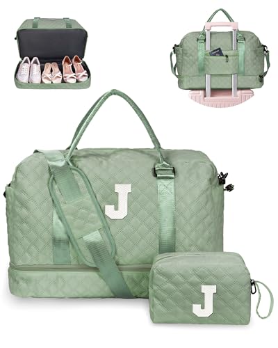 Vogewood Initial Seesack mit Schuhfach, personalisierte Wochenendtasche mit Schultergurt, Monogramm-Übernachtungstasche für Damen, mit Trolleyhülle und Nasstasche, Brief-Reisetasche mit von Vogewood