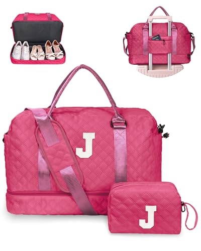 Vogewood Initial Seesack mit Schuhfach, personalisierte Wochenendtasche mit Schultergurt, Monogramm-Übernachtungstasche für Damen, mit Trolleyhülle und Nasstasche, Brief-Reisetasche mit von Vogewood