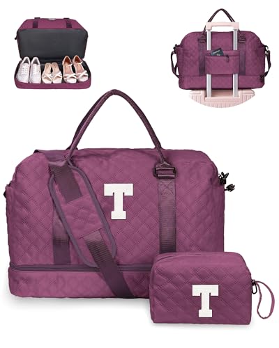 Vogewood Initial Seesack mit Schuhfach, personalisierte Wochenendtasche mit Schultergurt, Monogramm-Übernachtungstasche für Damen, mit Trolleyhülle und Nasstasche, Brief-Reisetasche mit von Vogewood
