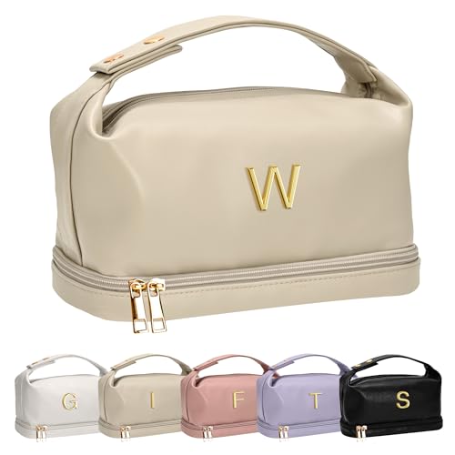 Vogewood Personalisierte Make-up-Tasche mit Griff, doppelschichtige Kosmetiktasche mit Make-up-Pinsel-Organizer, Reise-Kulturbeutel, Geschenke für Freunde, weibliche Mutter, Beige, Breite: von Vogewood