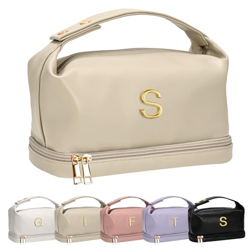 Vogewood Personalisierte Make-up-Tasche mit Griff, doppelschichtige Kosmetiktasche mit Make-up-Pinsel-Organizer, Reise-Kulturbeutel, Geschenke für Freunde, weibliche Mutter, Beige, Größe S: von Vogewood