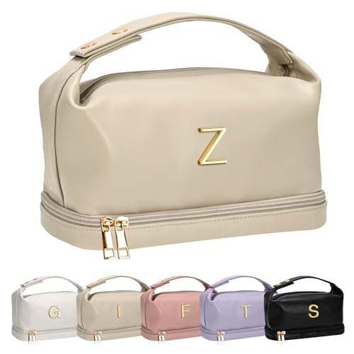 Vogewood Personalisierte Make-up-Tasche mit Griff, doppelschichtige Kosmetiktasche mit Make-up-Pinsel-Organizer, Reise-Kulturbeutel, Geschenke für Freunde, weibliche Mutter, Beige, Z von Vogewood