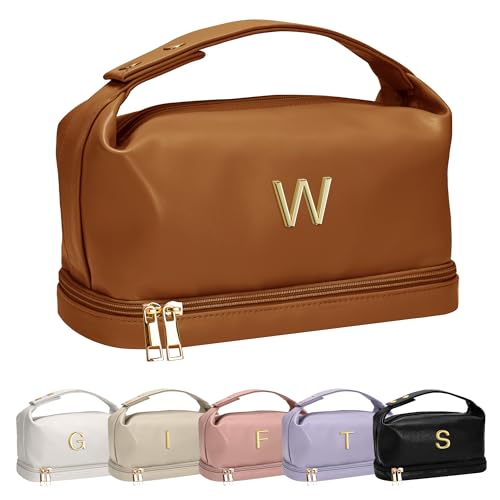 Vogewood Personalisierte Make-up-Tasche mit Griff, doppelschichtige Kosmetiktasche mit Make-up-Pinsel-Organizer, Reise-Kulturbeutel, Geschenke für Freunde, weibliche Mutter, Braun, W von Vogewood