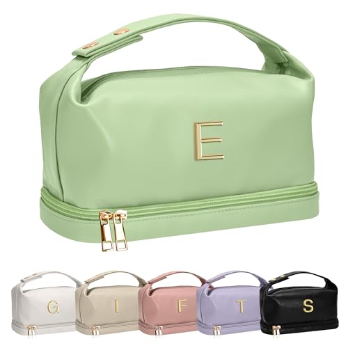 Vogewood Personalisierte Make-up-Tasche mit Griff, doppelschichtige Kosmetiktasche mit Make-up-Pinsel-Organizer, Reise-Kulturbeutel, Geschenke für Freunde, weibliche Mutter, Hellgrün, F von Vogewood