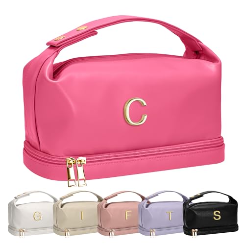Vogewood Personalisierte Make-up-Tasche mit Griff, doppelschichtige Kosmetiktasche mit Make-up-Pinsel-Organizer, Reise-Kulturbeutel, Geschenke für Freunde, weibliche Mutter, Knallpink (Hot Pink), C * von Vogewood