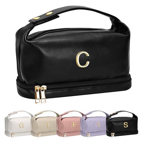 Vogewood Personalisierte Make-up-Tasche mit Griff, doppelschichtige Kosmetiktasche mit Make-up-Pinsel-Organizer, Reise-Kulturbeutel, Geschenke für Freunde, weibliche Mutter, Schwarz, C * von Vogewood