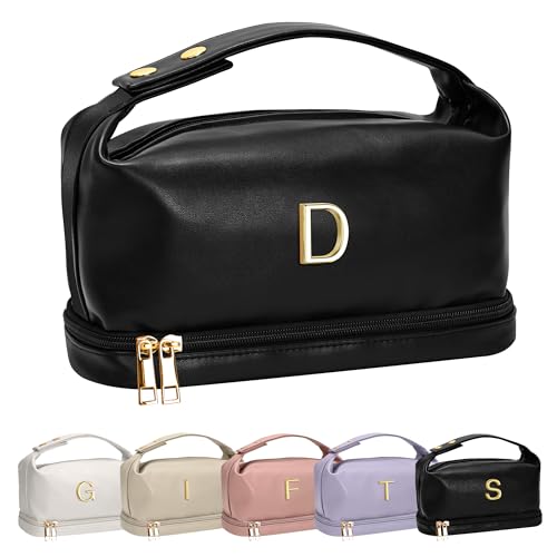 Vogewood Personalisierte Make-up-Tasche mit Griff, doppelschichtige Kosmetiktasche mit Make-up-Pinsel-Organizer, Reise-Kulturbeutel, Geschenke für Freunde, weibliche Mutter, Schwarz , D von Vogewood