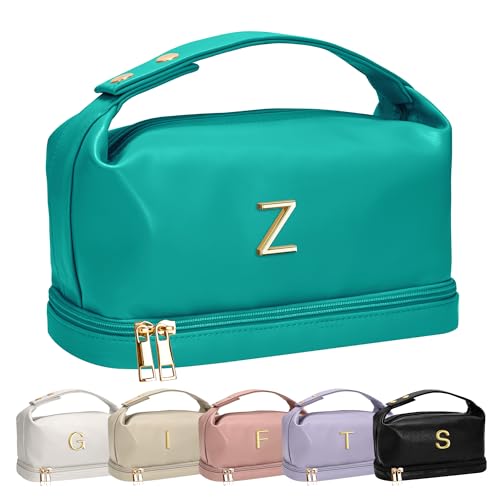 Vogewood Personalisierte Make-up-Tasche mit Griff, doppelschichtige Kosmetiktasche mit Make-up-Pinsel-Organizer, Reise-Kulturbeutel, Geschenke für Freunde, weibliche Mutter, Seeblau, Z von Vogewood