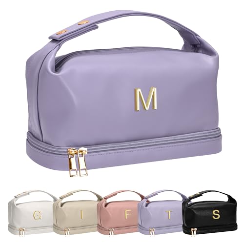 Vogewood Personalisierte Make-up-Tasche mit Griff, doppelschichtige Kosmetiktasche mit Make-up-Pinsel-Organizer, Reise-Kulturbeutel, Geschenke für Freunde, weibliche Mutter, Violett, Größe M: von Vogewood