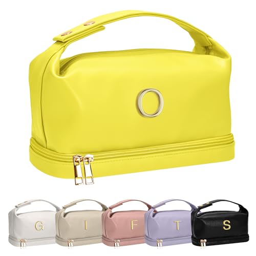 Vogewood Personalisierte Make-up-Tasche mit Griff, doppelschichtige Kosmetiktasche mit Make-up-Pinsel-Organizer, Reise-Kulturbeutel, Geschenke für Freunde, weibliche Mutter, gelb, O von Vogewood