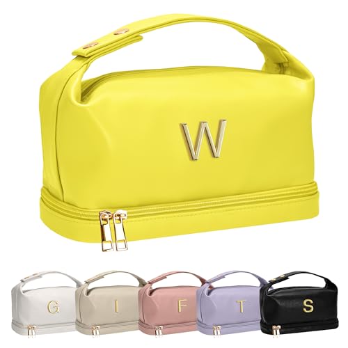 Vogewood Personalisierte Make-up-Tasche mit Griff, doppelschichtige Kosmetiktasche mit Make-up-Pinsel-Organizer, Reise-Kulturbeutel, Geschenke für Freunde, weibliche Mutter, gelb, W von Vogewood