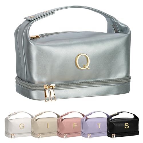 Vogewood Personalisierte Make-up-Tasche mit Griff, doppelschichtige Kosmetiktasche mit Make-up-Pinsel-Organizer, Reise-Kulturbeutel, Geschenke für Freunde, weibliche Mutter, silber, Frage: von Vogewood