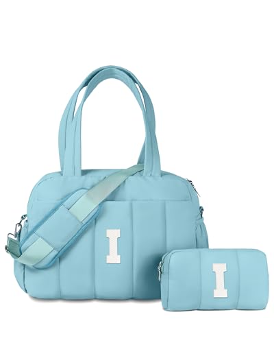 Vogewood Reisetasche, personalisierbar, Wochenendtasche, Übernachtungstasche für Damen, Reisetasche mit Make-up-Tasche, Geburtstagsgeschenke, Blau, I von Vogewood